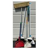 Collection of Brooms, Dust Pans, and Mops with Handles
