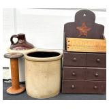 Antique Stoneware Crock, Creamery Poison Advertising Jug Out of Mpls., Wooden Cheese Box Drawers & Spool Collection