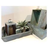 Rustic Wood Decor Set with Trays, Lantern, Faux Plant, and Block Sign