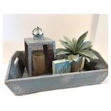 Rustic Wood Decor Set with Trays, Lantern, Faux Plant, and Block Sign