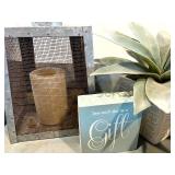 Rustic Wood Decor Set with Trays, Lantern, Faux Plant, and Block Sign