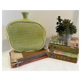 Vintage Green Ceramic Vase, Artificial Plant, and Collection of Classic Books