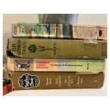 Vintage Green Ceramic Vase, Artificial Plant, and Collection of Classic Books