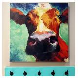 Colorful Cow Canvas Art with Turquoise Wall Hook Rack