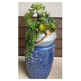 Metal Hanging Faux Succulent Arrangement with Blue Decorative Stand