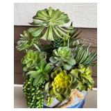 Metal Hanging Faux Succulent Arrangement with Blue Decorative Stand