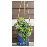 Metal Hanging Faux Succulent Arrangement with Blue Decorative Stand