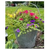Vintage Galvanized Metal Bucket Planter with Flowers