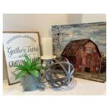 Farmhouse Decor Collection with Barn Art, Sign, Candle, Metal Orb, and Faux Plant