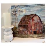 Farmhouse Decor Collection with Barn Art, Sign, Candle, Metal Orb, and Faux Plant