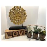 Decorative Home Decor Group with Wooden LOVE Box, Floral Plaque, and Faux Herb Planter