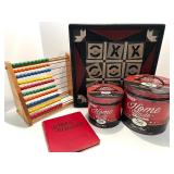 Vintage Games and Collectibles Lot including Book, Abacus, Tic-Tac-Toe, and Home Made Tins
