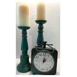 Set of 2 Green Candle Holders with Candles and Decorative Table Clock