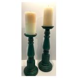 Set of 2 Green Candle Holders with Candles and Decorative Table Clock