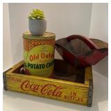 Vintage Decor Lot with Coca-Cola Crate, Old Dutch Potato Chips Tin, Red Wooden Basket, and Faux Succulent