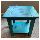 Distressed Turquoise Wood Side Table with Lower Shelf