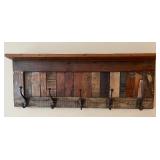 Rustic Wood Wall Shelf with 5 Metal Hooks