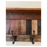 Rustic Wood Wall Shelf with 5 Metal Hooks