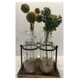 Decorative Glass Bottle Vase Set with Faux Greenery and Metal Stand