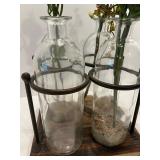Decorative Glass Bottle Vase Set with Faux Greenery and Metal Stand