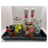 Vintage Sports Collection with Bowling Pins, Jars of Balls, and Darts