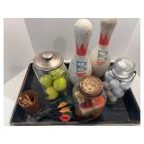 Vintage Sports Collection with Bowling Pins, Jars of Balls, and Darts