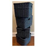 Set of 4 Dark Wicker Storage Baskets with Handles