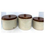 Set of 3 Vintage Stoneware Crocks with Wooden Lids