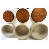 Set of 3 Vintage Stoneware Crocks with Wooden Lids