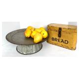 Vintage Style Yellow Metal Bread Box and Rustic Metal Cake Stand