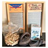 Vintage Laundry Collection with Washboards, Glass Jar of Clothespins, Iron, and Laundry Soda
