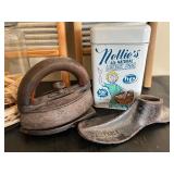 Vintage Laundry Collection with Washboards, Glass Jar of Clothespins, Iron, and Laundry Soda