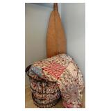 Vintage Wire Laundry Basket, Patchwork Quilt, and National Washboard Co. Ironing Table