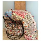 Vintage Wire Laundry Basket, Patchwork Quilt, and National Washboard Co. Ironing Table
