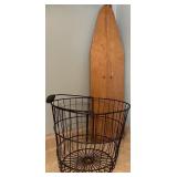 Vintage Wire Laundry Basket, Patchwork Quilt, and National Washboard Co. Ironing Table