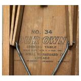 Vintage Wire Laundry Basket, Patchwork Quilt, and National Washboard Co. Ironing Table