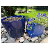 Pair of Blue Glazed Ceramic Planters, One with Purple Flowers