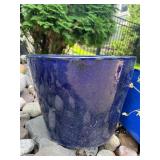 Pair of Blue Glazed Ceramic Planters, One with Purple Flowers