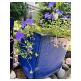 Pair of Blue Glazed Ceramic Planters, One with Purple Flowers