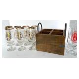 Set of 9 Coors Beer Glasses with Gold and Red Logos and Wooden Caddy