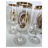 Set of 9 Coors Beer Glasses with Gold and Red Logos and Wooden Caddy