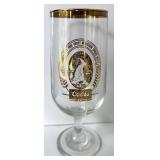 Set of 9 Coors Beer Glasses with Gold and Red Logos and Wooden Caddy