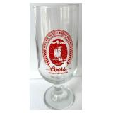 Set of 9 Coors Beer Glasses with Gold and Red Logos and Wooden Caddy