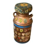 Vintage Repurposed Milk Can Decorated with Travel Themed Stickers and Cushioned Chair Top (27" Tall) Vintage Repurposed Milk Can Decorated with Travel Themed Stickers and Cushioned Chair Top (27" Tall)