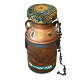 Vintage Repurposed Milk Can Decorated with Travel Themed Stickers and Cushioned Chair Top (27" Tall) Vintage Repurposed Milk Can Decorated with Travel Themed Stickers and Cushioned Chair Top (27" Tall)