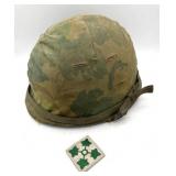 Vietnam War 4th Infantry Division Combat Helmet Cover and Liner w/ 4th Infantry Patch Vietnam War 4th Infantry Division Combat Helmet Cover and Liner w/ 4th Infantry Patch