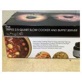 MegaChef Brushed Silver & Black Finish Triple 2.5qt. Slow Cooker & Buffet Server With 3 Ceramic Cooking Pots & Removable Lid Rests MegaChef Brushed Silver & Black Finish Triple 2.5qt. Slow Cooker & Buffet Server With 3 Ceramic Cooking Pots & Removable Lid Rests