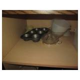 Vintage glass juicer, misc bakeware...