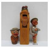 Old Vintage German Black Forest Carved Nutcracker & 2 Bottle Toppers