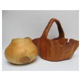 Handmade Burl Wood Basket & Signed Turned Wood Vase